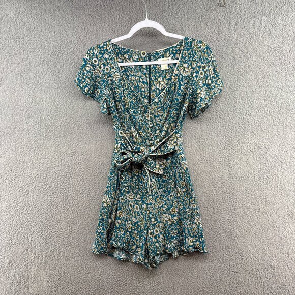 Maeve by Anthropologie Green Floral Short Sleeve Romper Belted Size 4 - Picture 2 of 14